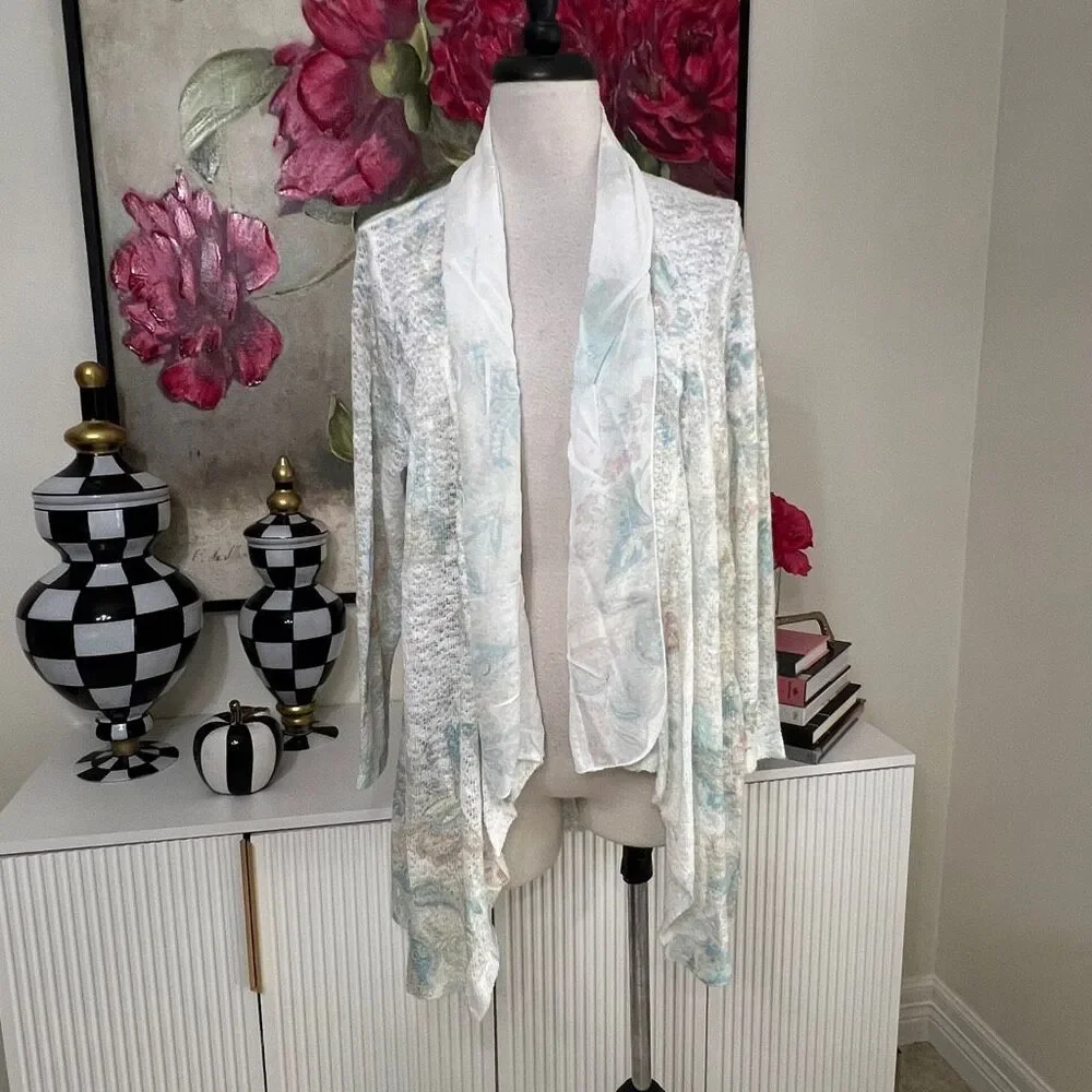 Reba Women's Knit Floral Open Waterfall Drape Front Cardigan Multicolor Medium